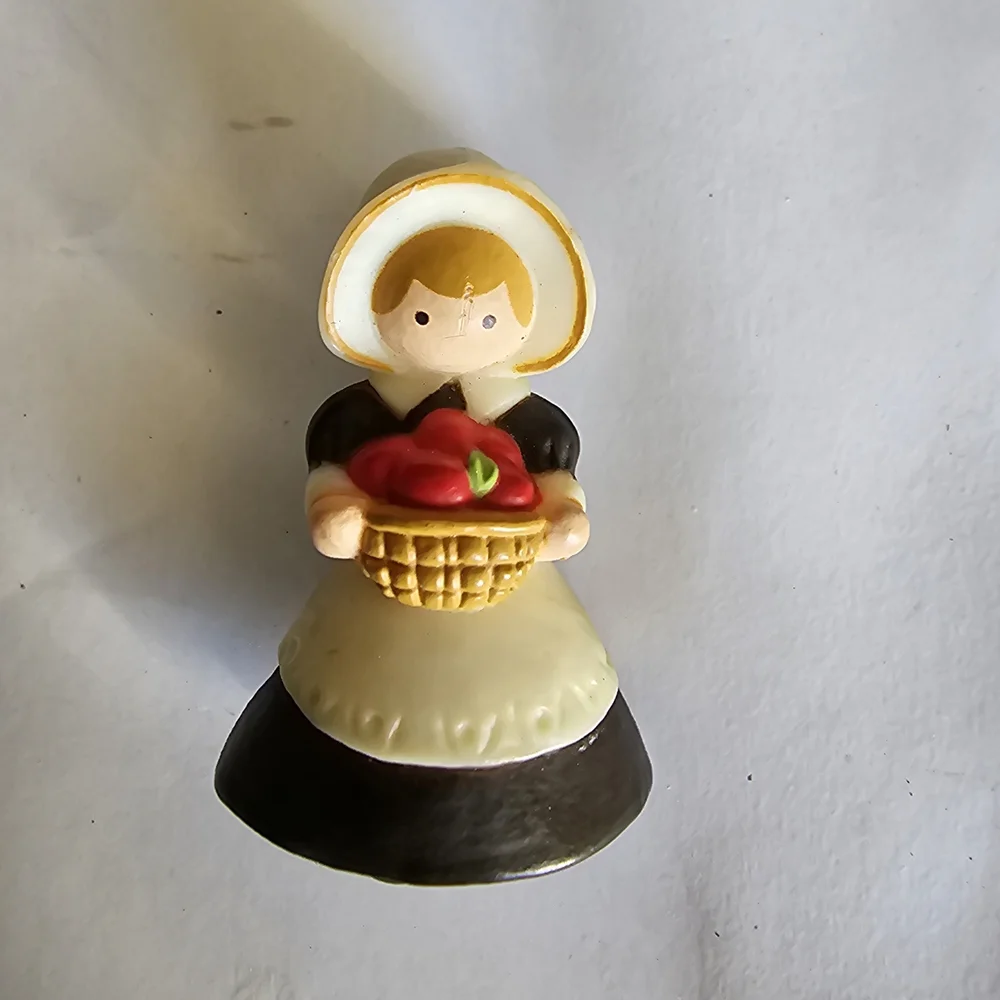 Vintage Hallmark Pilgrim Figurine with Basket of Red Apples Brooch Thanksgiving